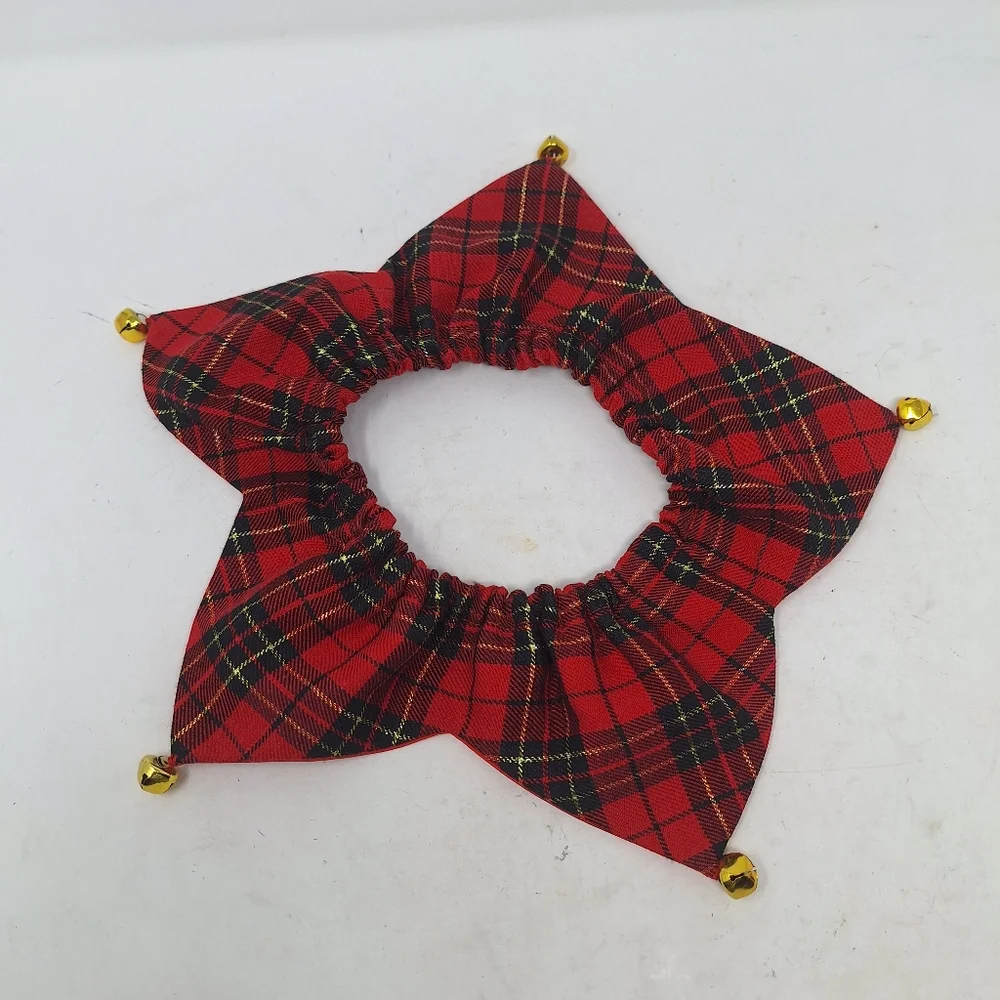 Red Plaid Star Hair Scrunchie with Bells